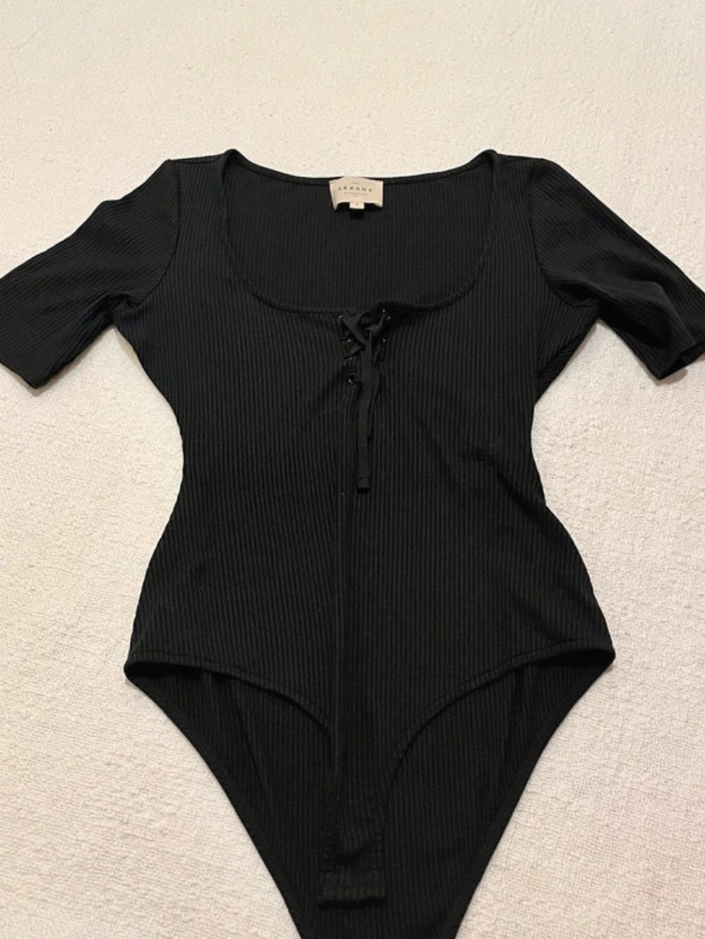 Sezane black ribbed tie front Kim short sleeve bodysuit size small
